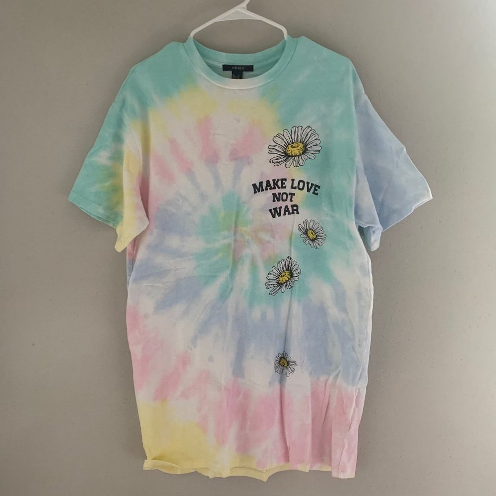 Make Love Not War Floral Tie Dye Long Tee Shirt for Sleeping and Lounging